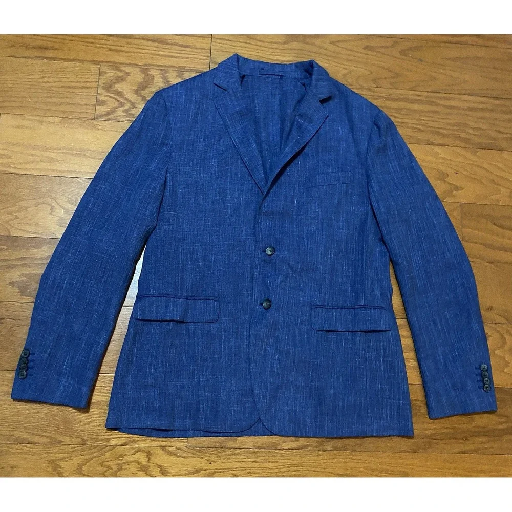 MENS SALVATORE FERRAGAMO BLAZER SIZE 42 R Linen MADE ITALY Blue Very Nice!